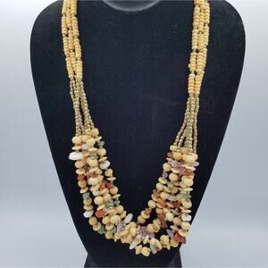 Boho Wood and quartz 3 Strand 13" Drop Necklace